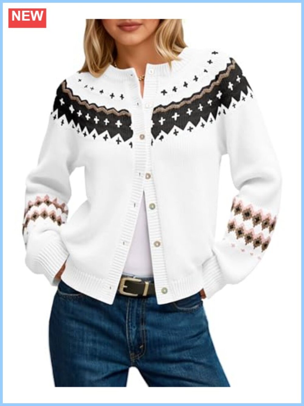 Fair Isle Button Up Cardigan Long Sleeve Open Front Knit Sweater Coat